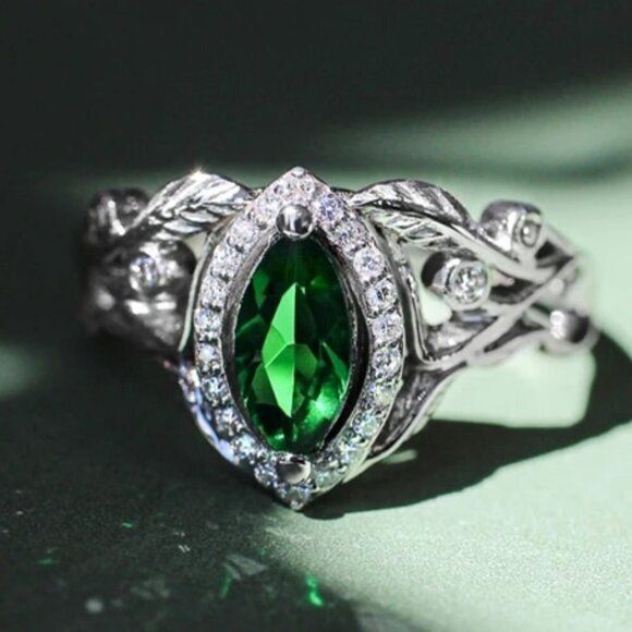 Emerald Marquis Gem Leaf Weave Silver Noble Rings for Women, MARR9100 - Picture 1 of 6